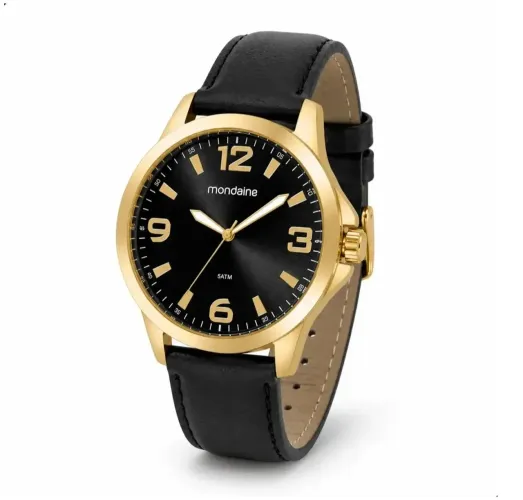 Relógio Masculino Mondaine Dourado Fundo Preto Couro - Original