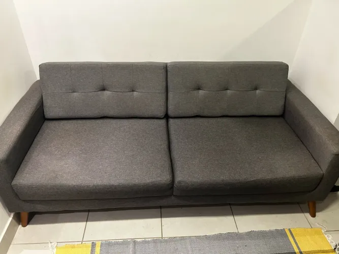 Sofá 3 Lugares Living Pés e Base em Madeira Linho Cotton Cinza 180 cm