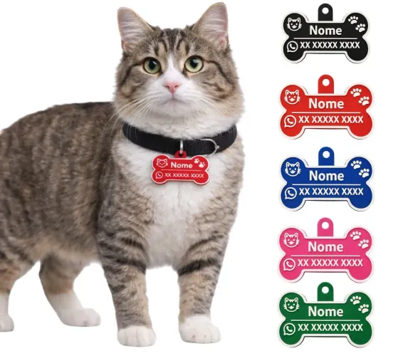 Plaquinha pet com nome e WhatsApp para gatos e cachorros