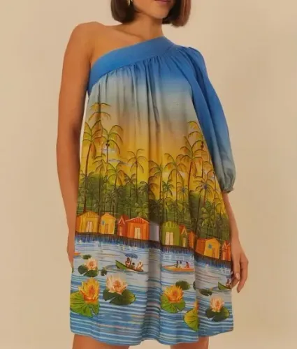Vestido Curto Estampado Paisagem Ribeirinha