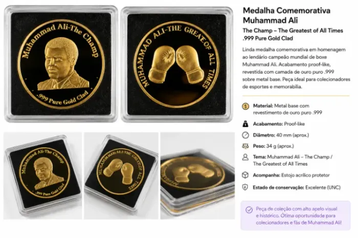 Medalha comemorativa em homenagem a Muhammad Ali, um dos maiores nomes da história do boxe