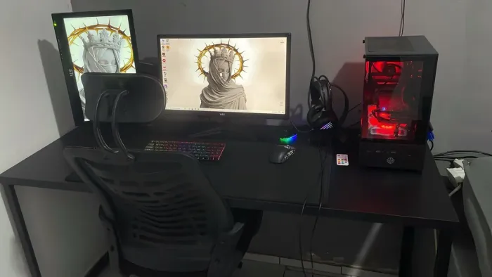 SETUP GAMER COMPLETO - PC I7 + RX 580 + 2 Monitores + mesa + cadeira + periféricos