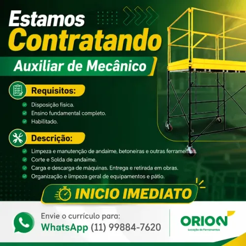 Auxiliar de Mecânico - Inicio Imediato - Wanel Ville 