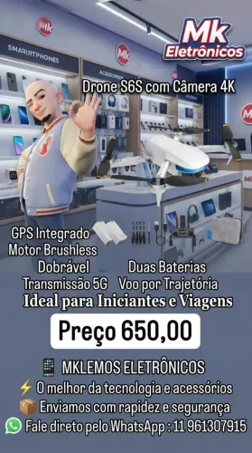 Drone S6S com Câmera 4K, GPS Integrado, Motor Brushless, Dobrável, Duas Baterias