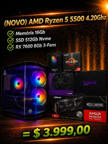 [NOVO] CPU Gamer Ryzen 5 5500 4.2Ghz / Mem 16Gb / SSD 512Gb/ RX 7600 8Gb (aceito cartão) R