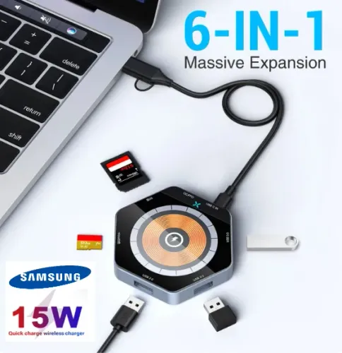 Hub USB-a e USB-C 6 em 1 com Carregamento Wireless  15W