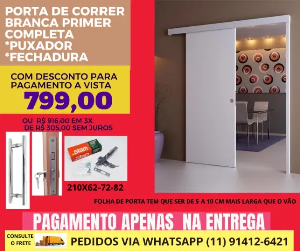 Porta completa de correr Branco Primer 2.10x62 PBt-pagamento na entrega - frete a/c