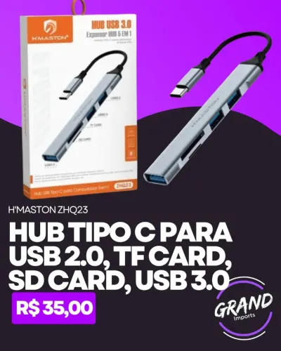 Hub OTG Tipo C para USB 2.0, USB 3.0, TF Card e SD Card
