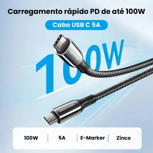 Cabo USB-C para USB-C 5A 100W Trançado - Original Vention - 1.2 Metros - R$: 50,00