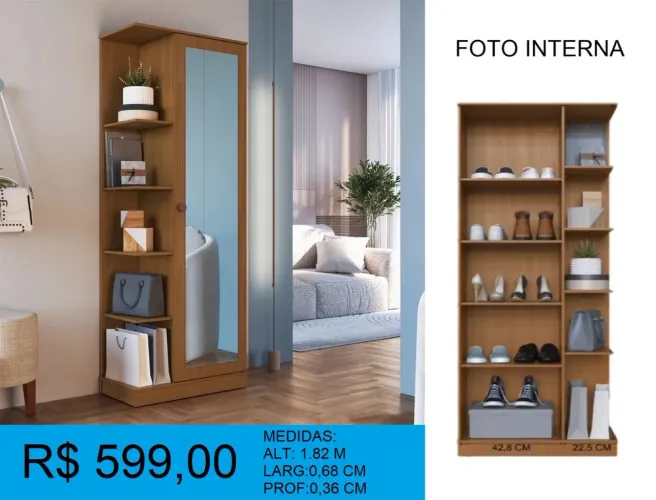 Armário Sapateira com Espelho e Prateleiras