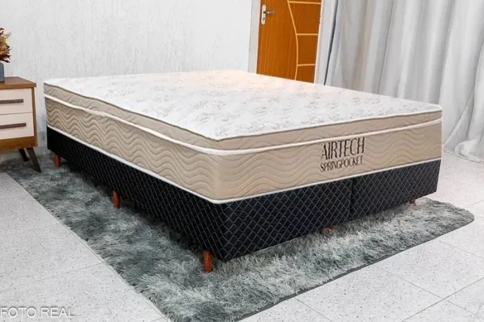 Box Queen Madrid Euro Preto + Colchão Queen Airtech Springpocket 158x198x62 Ortobom