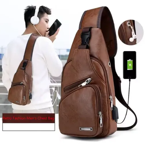 Mochila de Peito Masculina Retro - Couro - USB - Marrom