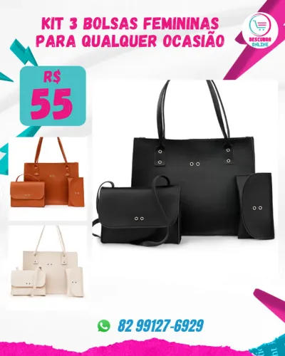 kit 3 bolsas femininas para qualquer ocasião