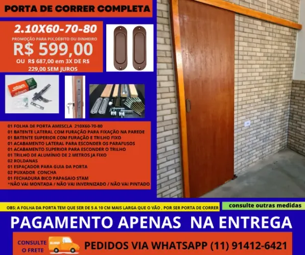 Porta  interna amescla completa  correr 2.10 x 60 - frete ac