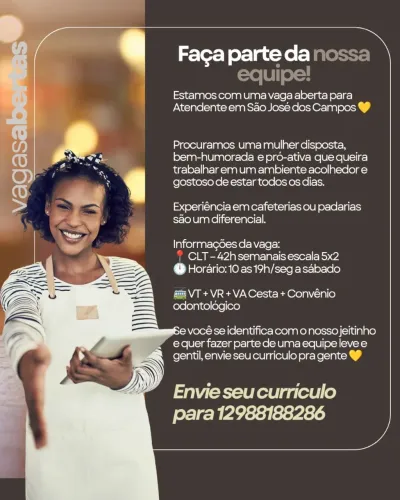 Vaga atendente Cafeteria em Sjc