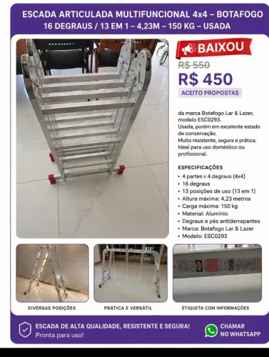 Escada Articulada Multifuncional 4x4 Botafogo - 12 Degraus (4,23m / 150kg)