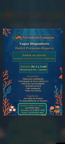 Vaga de emprego - inicio imediato - Loja - Outlet Premium Itupeva (Vivenda do Camarão)