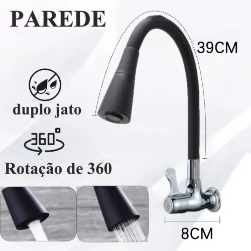 TORNEIRA COZINHA PAREDE PRETA FLEXIVEL DUPLO JATO