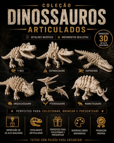 ?Kit 6 Dinossauros Articulados 3D- Coleção Completa