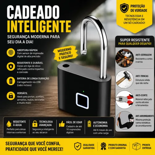     Cadeado Biométrico com Impressão Digital - Sem Chave