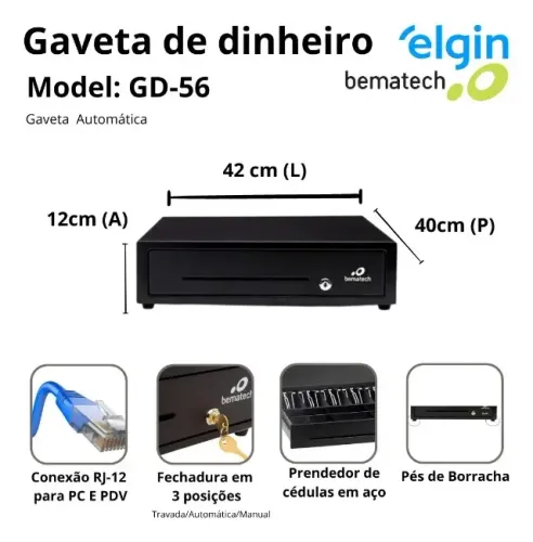 Gaveta de Dinheiro Bematech GD-56M Automática RJ12 ou Manual por Chave - Preto