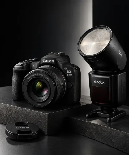 Kit R100 + RF 50mm 1.8 + godox v1 mid.