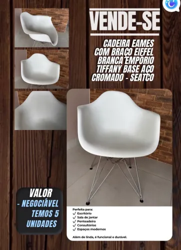 Cadeira branca com pernas em aço cromado Cadeira Eames Com Braço Eiffel Branca 