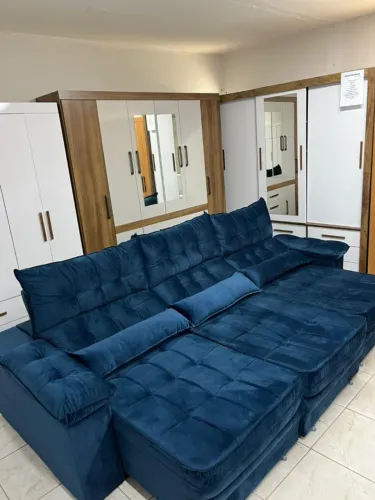 Sofá Retrátil e Reclinável 2.90MT Tecido Veludo Azul Corrediças de ferro Novo 