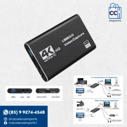 Placa de Captura de Vídeo 4K HDMI - USB 3.0, 1080p 60-30fps | Novo | Pronta Entrega
