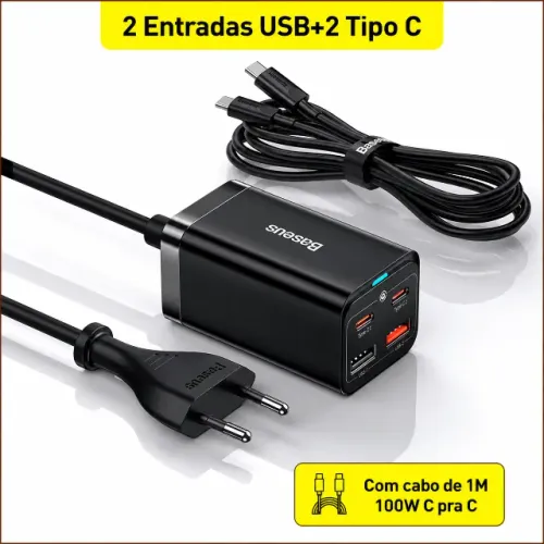 Carregador turbo Baseus GaN 65w (2 USB+2 Tipo C) com cabo 1M 100W