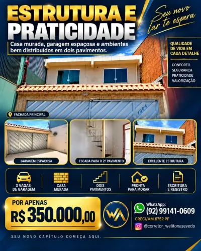 CASA DE 2 PAVIMENTOS 124M2 COM 3 QUARTOS, 2 SEMI SUÍTES, 3 VAGAS, PORTÕES DE ALUMÍNIO