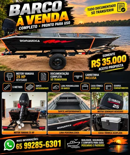 Conjunto de Barco + Motor 25 hp + Carreta 