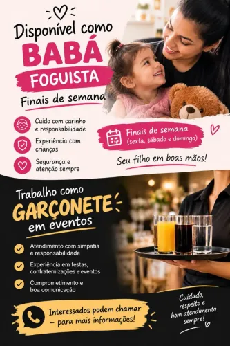 Babá foguista/ finas de semana / garçonete em eventos