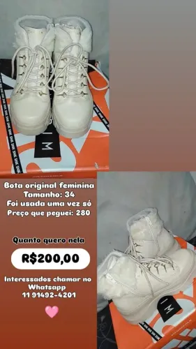 Estou vendendo uma bota original tamanho 34 usada uma vez chamar no whatsapp no anúncio
