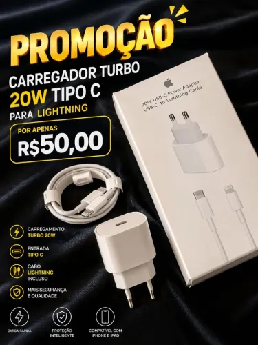 Kit carregador iPhone 20 W Fonte e cabo tipo c Lightning novo na caixa.