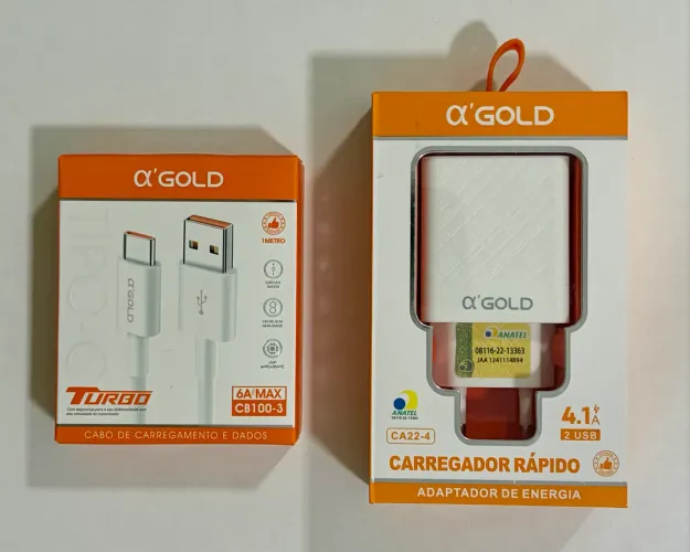 Kit Carregador Rápido A?GOLD 4.1A 2 USB + Cabo USB-C 6A - Novo (Lacrado)