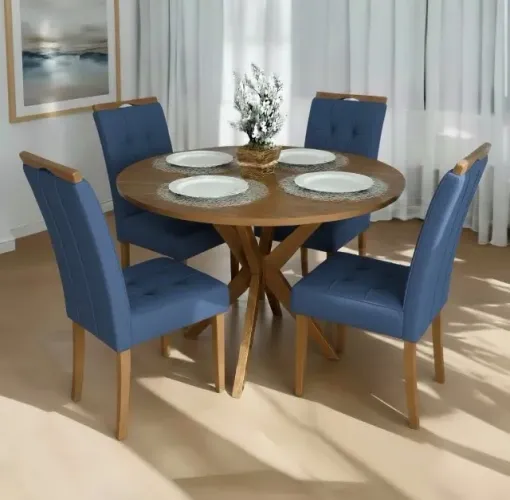 Conjunto Mesa Firenze Redonda 108 com 4 Cadeiras Estofadas
