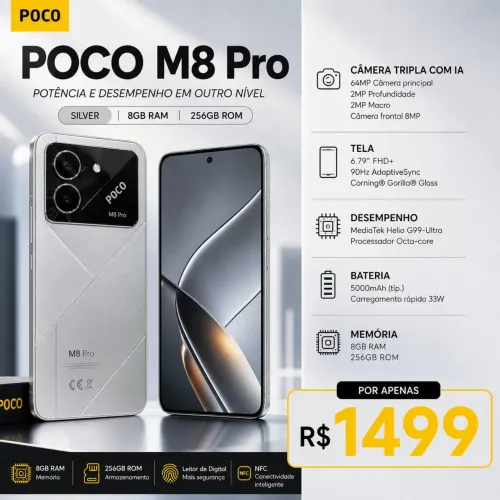 Xiaomi Poco M8 Pro 8GB 256GB Prata Novo Lacrado