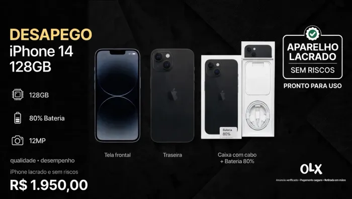 iPhone 14 128GB - 80% Bateria - Lacrado - Caixa e Cabo - R$1.950