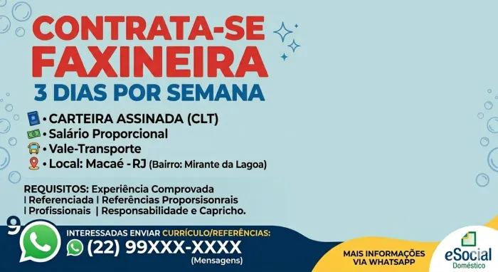 Assistente Residencial- 3x na Semana - Bairro Mirante da Lagoa ( residentes de Macae