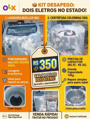 Lavadora de roupa de 8kg + Centrífuga Colormaq 12kg (Para Conserto/Peças)