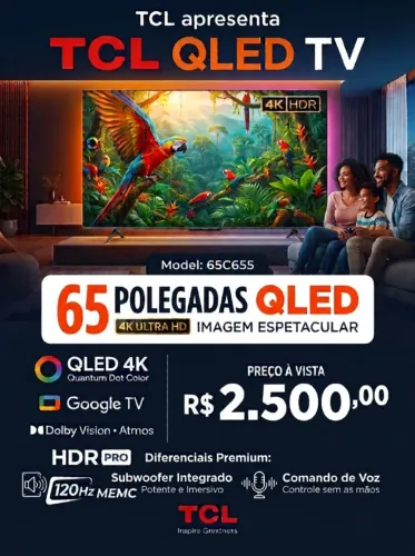 TV TCL QLED 65 Polegadas 4K - Com Subwoofer Integrado