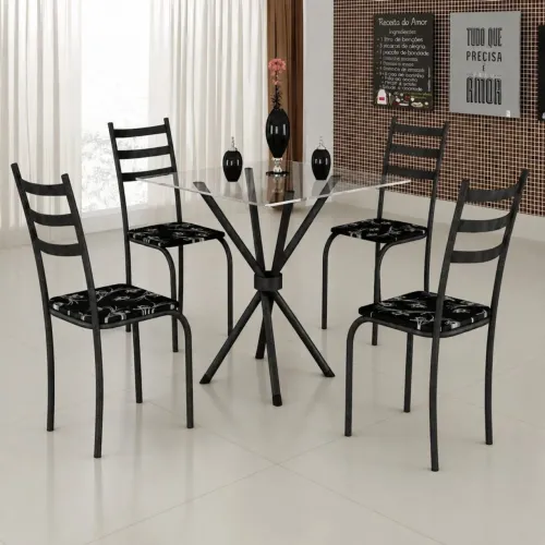 Mesa quadrada 70x70 com 4 cadeiras tampo de vidro preto lírio - ENTREGA HOJE !!!