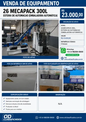 26 MECAPACK 300L , ESTEIRA DE AUTOMACAO (EMBALADORA AUTOMÁTICA) R$ 23.000,00 WhatsApp +551