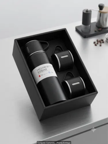 Kit Garrafa Térmica 500ml + 2 Canecas | Inox | Novo na Caixa
