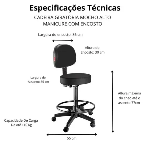 Cadeira Mocho Nice Alto Giratório Estética Massagista Tatuador Cor Preto