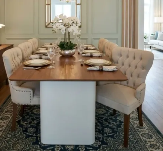 mesa de jantar alto padrão nova 2,20m x 1,10m 6 cadeiras esmeralda capitone de linho