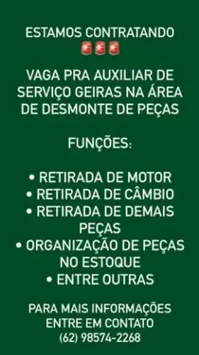 Contrata-se Auxiliar de Serviços Gerais na Área de Desmonte de Peças