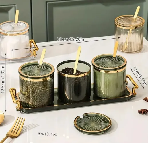 Conjunto de 3 potes em acrílico verde com bandeja