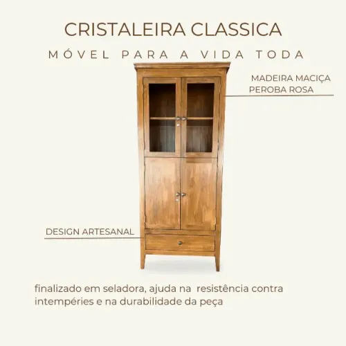 Cristaleira clássica madeira maciça peroba rosa 